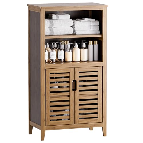 HITNET Walnut Bathroom Floor Cabinet, Bamboo Side Tall Storage Organizer, Freestanding Kitchen Cupboard with Door and Removable Shelf - color: Walnut