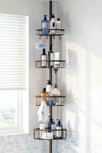Corner Shower Caddy Tension Pole: Stainless Steel Rustproof 4-Tier Shower Organizer - 47-121 inch Adjustable Bathroom Shelves for Bathtub Shampoo Storage - Tension Rod Floor Standing Bath Rack -Bronze - style: A Style-Bronze
