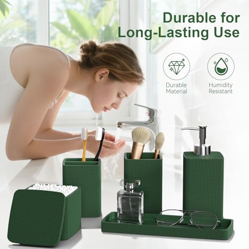 Dark Green Bathroom Accessories Set 5 Pieces, Resin Toothbrush Holders Set Complete with Soap Dispenser, Toothbrush Holder, Vanity Tray, Bathroom Tumbler and Qtip Holder for Small Spaces - size: 5 Pcs Bathroom Set, style: Dark Green