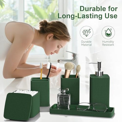 Dark Green Bathroom Accessories Set 5 Pieces, Resin Toothbrush Holders Set Complete with Soap Dispenser, Toothbrush Holder, Vanity Tray, Bathroom Tumbler and Qtip Holder for Small Spaces - size: 5 Pcs Bathroom Set, style: Dark Green