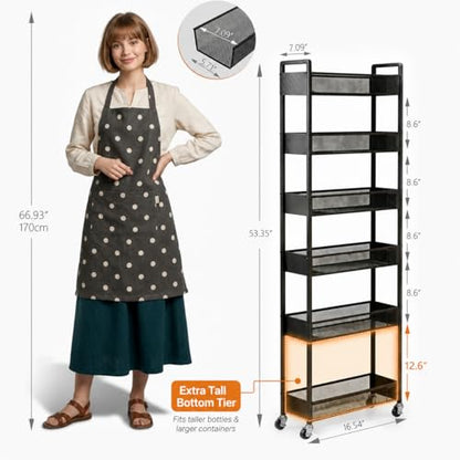 6-Tier Slim Rolling Storage Cart with Wheels,12.6" Raised Bottom Basket for Tall Bottles,Narrow Metal Utility Cart Organizer for Kitchen,Bathroom,Laundry Room,Gaps & Corners,Black