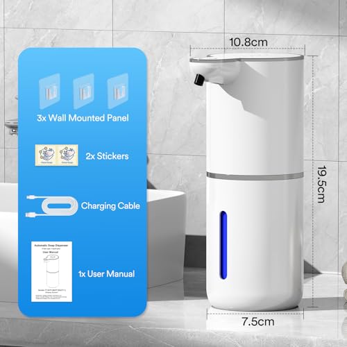 Automatic Touchless Soap Dispenser, 380ml Large Capacity, 4 Adjustable Levels, Wall Mount or Countertop, IPX5 Waterproof, USB-C Rechargeable, for Bathroom & Kitchen