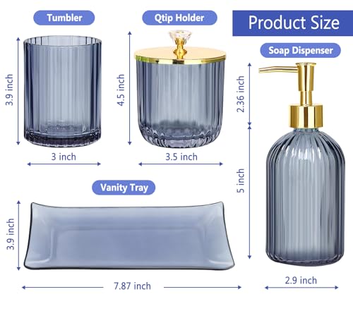 Haturi Glass Bathroom Accessories Set, Blue Bathroom Set, 4 Pcs | Kit w/ Bathroom Soap Dispenser Set, Toothbrush Holder, Qtip Holder, Vanity Tray, Blue Bathroom Decor, Gift for Home Apartment - style: Blue