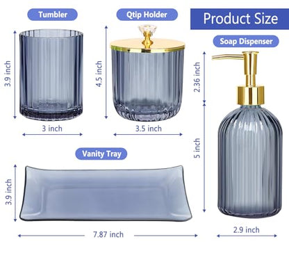 Haturi Glass Bathroom Accessories Set, Blue Bathroom Set, 4 Pcs | Kit w/ Bathroom Soap Dispenser Set, Toothbrush Holder, Qtip Holder, Vanity Tray, Blue Bathroom Decor, Gift for Home Apartment - style: Blue