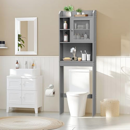 ZENY Over The Toilet Storage Cabinet, Bathroom Organizer with Adjustable Shelf and Double Doors, Freestanding Bathroom Space Saver Toilet Rack (Gray) - color: Grey