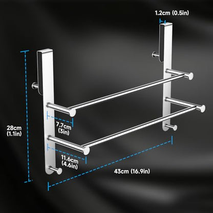 Frameless Glass Door Shower Towel Rack, Double Bar, 8 Hooks, Silver Steel | Drill-free Bathroom Towel Rack with Silent Scratch-free Pads, Ample Storage, Heavy Duty, Waterproof, Rustproof & Easy Setup