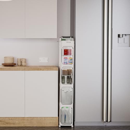 BINSIO 5-Tier Tall Narrow Storage Cabinet, Slim Rolling Storage Cabinet with Clear Doors, Adjustable Shelves, Foldable Organizer for Laundry Room, Kitchen Pantry, Utility Room and Small Spaces - size: 5 Tiers