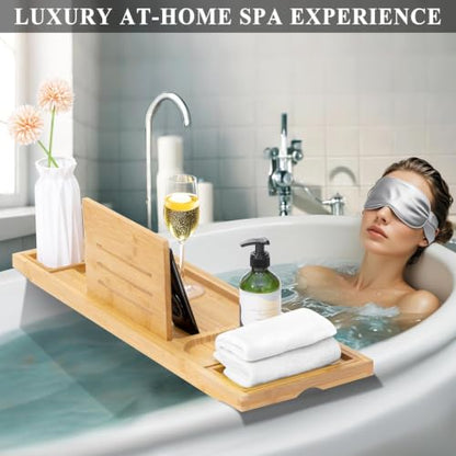 Bathtub Tray, Bamboo Bath Tray for Tub, Expandable Bath Tray with Bamboo Book Stand, Soap Tray, Bathtub & Bathroom Accessories Perfect for Home Spa, Natural Colour