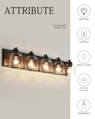 5-Light Bathroom Vanity Lights Large 40" with Bubble Glass Shades | Farmhouse Rustic style, Hand-Painted Brown Wood-Grain Metal Backplate, E26 Ceramic Socket, UL&ETL, mount up/down, over mirror - color: Brown, size: 5-Light