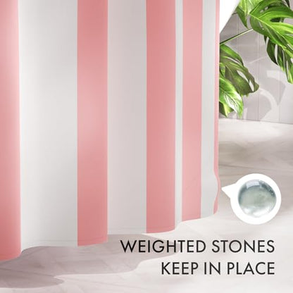 AmazerBath Pink Vertical Stripes Shower Curtain, Cute Pink Stripe Bathroom Shower Curtain with 12 Shower Curtain Hooks, Rustic Fabric Pink and White, 72x72 Inches - color: A- Pink Vertical Stripes+12 Metal Hooks, size: 72"W x 72"L (Pack of 1)