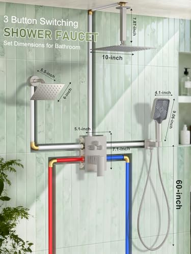 Woindo Shower Faucet Set, 10" Ceiling Mount Rainfall Shower System with 2 Rain Shower Head and Multi-function Handheld Head Push Button Diverter Shower Faucet Trim Kit - color: Brushed Nickel, style: 10"-Ceiling-01
