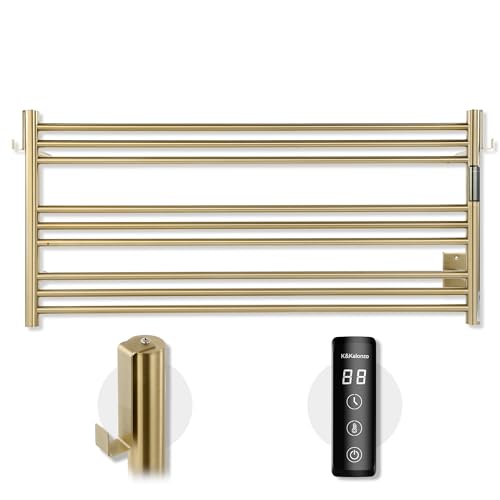 K&KALONZO Wall-Mounted 9-Bar Heated Towel Rack, Fast Heat in 2 Min, NTC Safety | 4 Timers & 3 Heat Levels Control, Plug-In/Hardwired, Top Hooks, Memory Function, Anti-Scald, Stainless Steel, EL13LG - color: Brushed Gold, size: H 19.7 x W 41.9