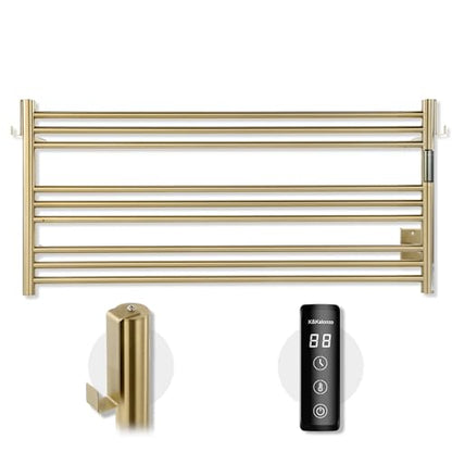 K&KALONZO Wall-Mounted 9-Bar Heated Towel Rack, Fast Heat in 2 Min, NTC Safety | 4 Timers & 3 Heat Levels Control, Plug-In/Hardwired, Top Hooks, Memory Function, Anti-Scald, Stainless Steel, EL13LG - color: Brushed Gold, size: H 19.7 x W 41.9