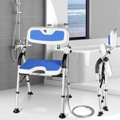 DEWEL Foldable Shower Chair for Elderly and Disabled, Folding Shower Seat with Armrests and Back Height Adjustable, Aluminum Alloy Bath Seat for Inside Shower, 330lbs Capacity (Blue) - color: Blue