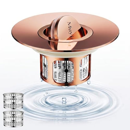 1.4"-2.6" Flip-Cover Bathtub Drain Stopper, 2 Strainers（1,Rose Gold） | Flush-fit tool-free drain hair catcher, no springs, rustproof. Press to seal/drain, stops puddles. Durable - color: Flip Rose Gold