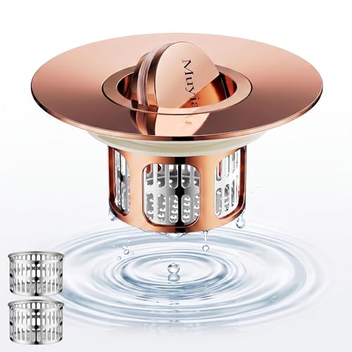 1.4"-2.6" Flip-Cover Bathtub Drain Stopper, 2 Strainers（1,Rose Gold） | Flush-fit tool-free drain hair catcher, no springs, rustproof. Press to seal/drain, stops puddles. Durable - color: Flip Rose Gold