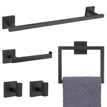 YACVCL Black Towel Bar Set 5-Piece Bathroom Hardware Accessories Set,SUS304 Stainless Steel Towel Rack Set,23.6 Inch Towel Bar,Toilet Paper Holder,Towel Ring and Towel Hooks,Wall Mounted - color: Matte Black, size: 5 Pieces