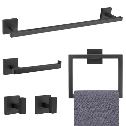 YACVCL Black Towel Bar Set 5-Piece Bathroom Hardware Accessories Set,SUS304 Stainless Steel Towel Rack Set,23.6 Inch Towel Bar,Toilet Paper Holder,Towel Ring and Towel Hooks,Wall Mounted - color: Matte Black, size: 5 Pieces
