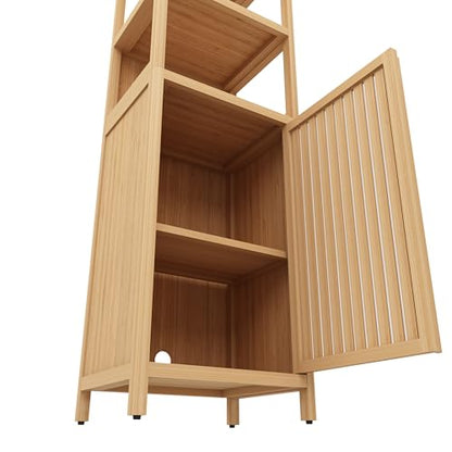Storage Tall Cabinet with Shutter Door and 3 Tier Shelves, Freestanding Linen Tower Cabinet for Living Room, Kitchen, Bathroom Organizer, Natural