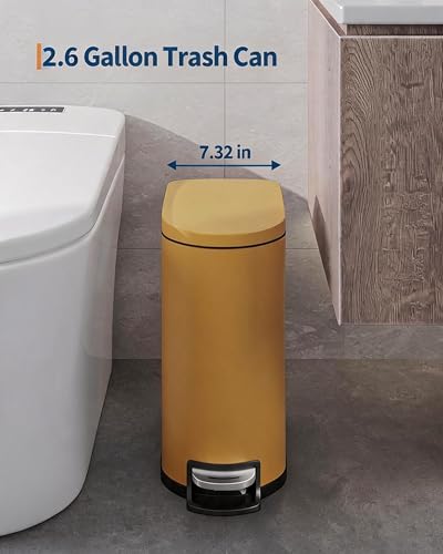 IDEALHOUSE 2.6 Gallon/10L Small Bathroom Trash Can with Lid,Yellow | Slim Stainless Steel Garbage Can, Narrow Step-on Metal Trash Bin with Removable Inner Bucket, Soft Close - color: Yellow