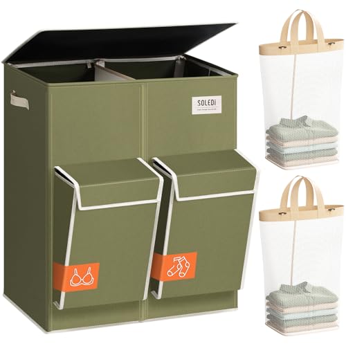 SOLEDI 180L Double Laundry Hamper with Lid and 2 Side Pockets, Dual Hamper | 2 Section Laundry Basket, Removable & Washable Laundry Bags, 180L Large Capacity, for Bedroom, Bathroom, Laundry Room, Dorm - color: Avocado