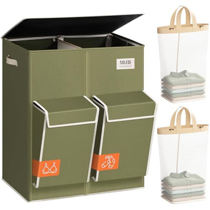 SOLEDI 180L Double Laundry Hamper with Lid and 2 Side Pockets, Dual Hamper | 2 Section Laundry Basket, Removable & Washable Laundry Bags, 180L Large Capacity, for Bedroom, Bathroom, Laundry Room, Dorm - color: Avocado