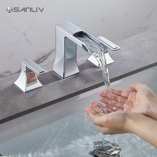 Chrome Waterfall Bathroom Faucet, Sanliv 2-Handle Widespread Bathroom Faucet for 3-Hole Sinks 4-8 inch, Modern 3 Piece Vanity Faucet with Pop-Up Drain Chrome - color: Chrome