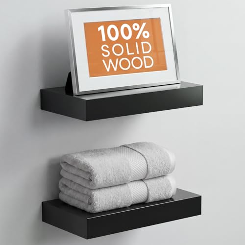 Floating Shelf Black 12 inch, High End Solid Real Wood Small 12inch Floating Shelves for Wall Mounted, Black Wooden 12 in Floating Shelves, Heavy Duty Bracket, 12 X 6.5 X 1.75 inch, Set of 2 - color: Modern Black - Rich Neutral Satin, size: 12 inch