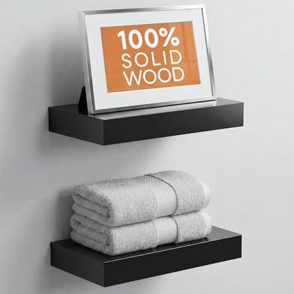 Floating Shelf Black 12 inch, High End Solid Real Wood Small 12inch Floating Shelves for Wall Mounted, Black Wooden 12 in Floating Shelves, Heavy Duty Bracket, 12 X 6.5 X 1.75 inch, Set of 2 - color: Modern Black - Rich Neutral Satin, size: 12 inch