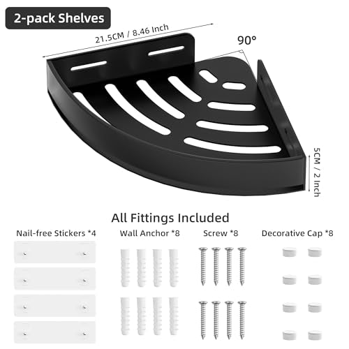 Wisfame Black Corner Shower Caddy, Triangle Shower Shelf No Drilling, Metal | Rustproof Aluminium, Adhesive & Drill Installation, Wall Mounted, 2 Pack, Bathroom Shampoo Holder for Toiletries