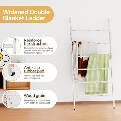 Delywh 6-Tier Wide Double Blanket Ladder Wood, Rustic Decorative Towel Rack for Big Blanket, Towel, Quilt, Clothes - Freestanding Blanket Holder Towel Ladder Decor Stand for Living Room, Bedroom