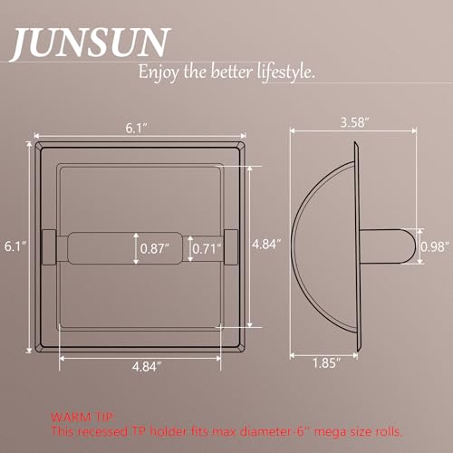 JunSun Oil Rubbed Bronze Recessed Toilet Paper Holder Stainless Steel ORB Toilet Paper Roll Holder Tissue Holder Tissue Roll Holder 6" X 6" Square Jumbo Mega Roll Holder Rear Mounting Bracket Included - color: Oil Rubbed Bronze