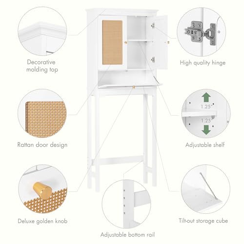 Spirich Over the Toilet Storage Cabinet with Hand-Woven Rattan Doors, White | Tilt-Out Storage Cube, Adjustable Shelf, 33-Inch Toilet Clearance, Anti-Tip Bracket, Bathroom Organizer for Toiletries - style: Rectangular