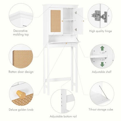 Spirich Over the Toilet Storage Cabinet with Hand-Woven Rattan Doors, White | Tilt-Out Storage Cube, Adjustable Shelf, 33-Inch Toilet Clearance, Anti-Tip Bracket, Bathroom Organizer for Toiletries - style: Rectangular