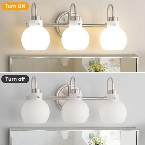 Bathroom Wall Light Fixture Brushed Nickel 3 Light Vanity Light | Wall Sconce with Milk Globe Glass Shade Bath Wall Lamp over Mirror Farmhouse Wall Mount Light for Living Room Bedroom Hallway - color: Brushed Nickel M