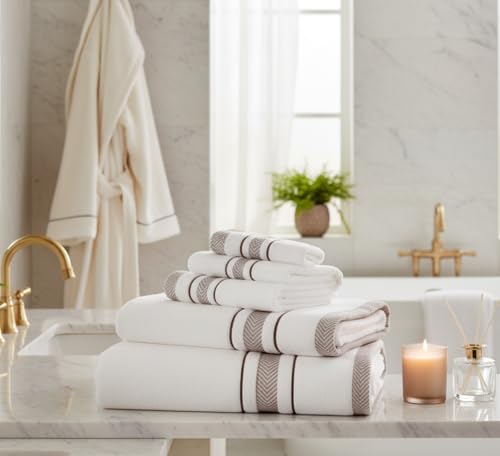 Bath Towels Set for Bathroom – Luxury 6-Piece Cotton Towels, Soft Absorbent & Quick Dry, 600 GSM Bath Towels for Bathroom, Hotel Spa Quality (White/Brown, 6- Bath Towel Set) - color: White/Brown