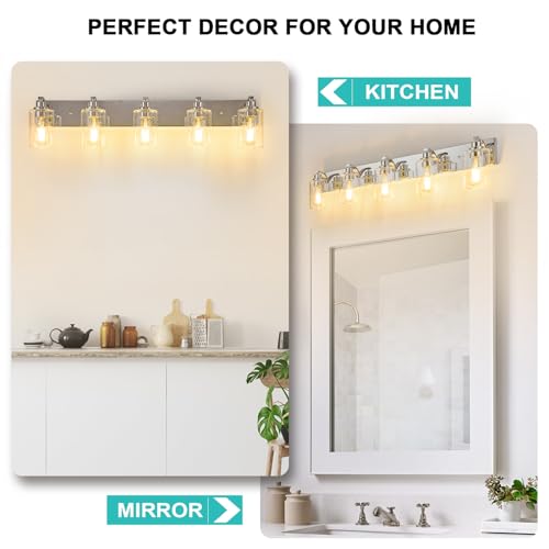 5-Light Bathroom Light Fixtures Modern Chrome Vanity Lights | Easy to Install Clear Glass Shades, Wall Mount Up or Down, E26 Socket, Hardwired, 128V - color: Chrome, size: 5 Lights