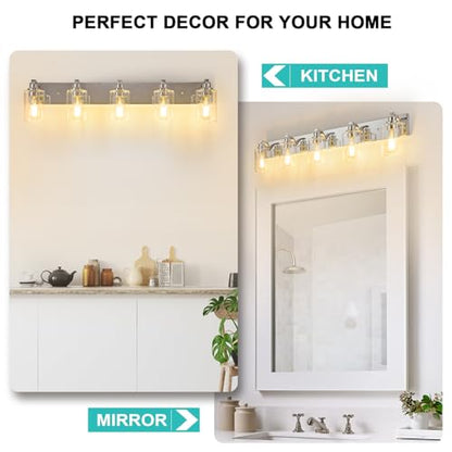 5-Light Bathroom Light Fixtures Modern Chrome Vanity Lights | Easy to Install Clear Glass Shades, Wall Mount Up or Down, E26 Socket, Hardwired, 128V - color: Chrome, size: 5 Lights