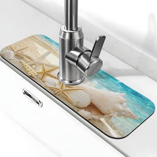 Summer Beach Starfish Sea Shell Blue Sky Sun Kitchen Sink Splash Guard Faucet Mat Super Absorbent Fast Drying Mat Sink Gadgets-Fast Drying Pad Sink Mat For Kitchen Bathroom (15" X 5.5" ) - color: Summer Beach Starfish Sea Shell Blue Sky Sun