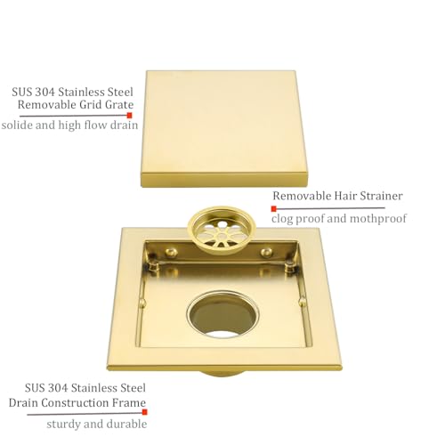 RANDOM Brushed Gold Shower Drain Square 6 inch SUS304 Stainless Steel Shower Floor Drain with Hair Strainer Tile Insert Shower Drain Cover - color: D-brushed Gold-6″ Square