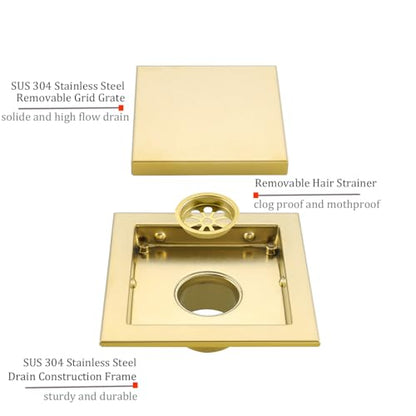 RANDOM Brushed Gold Shower Drain Square 6 inch SUS304 Stainless Steel Shower Floor Drain with Hair Strainer Tile Insert Shower Drain Cover - color: D-brushed Gold-6″ Square