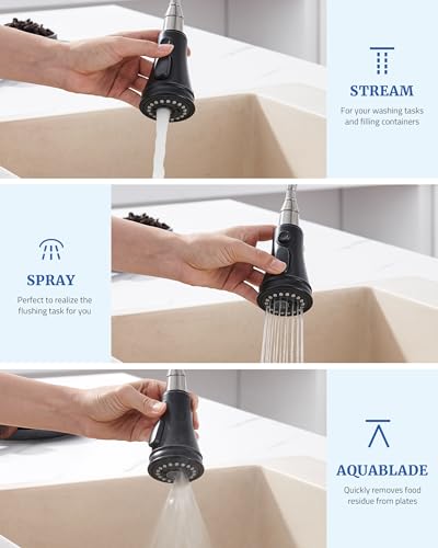 Kitchen Faucet Spray Head Replacement, 3-Function Pull Down Sprayer Head | 15 Adapters, Compatible with Moen Delta Kohler, 3-Mode Stream Spray Blade, Removable Aerator, Easy Install, Matte Black - color: Matte Black