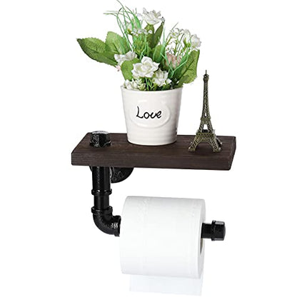 Toilet Paper Holder with Shelf, Industrial Wall Mounted Tissue Roll Hanger with Rustic Wooden Shelf for Bathroom, Washroom (Black)