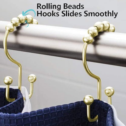 DAWNER Shower Curtain Hooks Rings, Rust Proof Hooks, Metal Easy Glide Double Shower Rings Hooks, Stainless Steel Shower Curtain Hangers for Bathroom Shower Curtains, Set of 12 Hooks, Gold Color - color: Gold