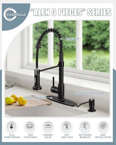 Oil Rubbed Bronze Single Handle Kitchen Faucet Set with Pull Down Sprayer and Soap Dispenser, 17-inch Tall - color: F-Oil Rubbed Bronze, style: Contemporary