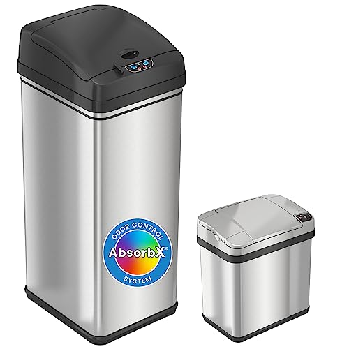iTouchless 13 Gallon and 2.5 Gal Sensor Kitchen Trash Can with Lid and Bathroom Trashcan Combo Set, Stainless Steel Garbage Recycling Bins with Odor Filter for Home Office Garage Bedroom Living Room - color: Silver
