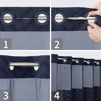 eachope No Hook Tufted Chevron Striped Shower Curtain with Snap-in Fabric Liner set-71Wx74H(72H),Navy Blue Hotel Grade Boho Style Shower Curtain with See Through Top Window,Water Repellent - color: Navy Blue, size: 71"W x 74"L (Pack of 1)