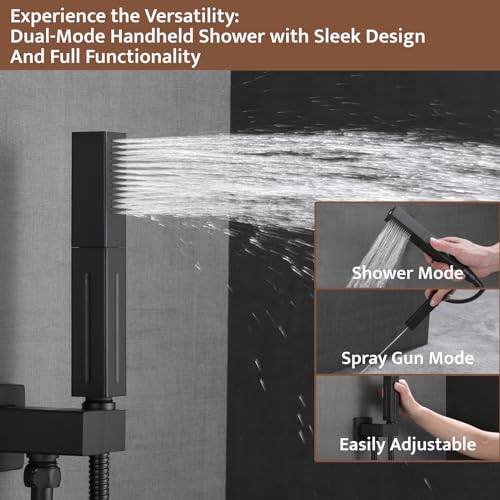 Thermostatic Shower System Matte Black, Push Button Diverter Shower Faucet with 2 in 1 Handheld, Ceiling Mount 12 Inch Shower Head with 6 Inch Wall Mount Shower Head - color: Matte Black, style: 12 Inch