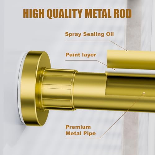 Ausemku Shower Curtain Rod 32-80 Inch Adjustable - 1 Inch Diameter Heavy Duty No drill Spring Tension Shower Rod, Non-Slip Rustproof Telescopic Rod for Bathroom, Gold - color: Warm Gold, size: 32-80 Inches