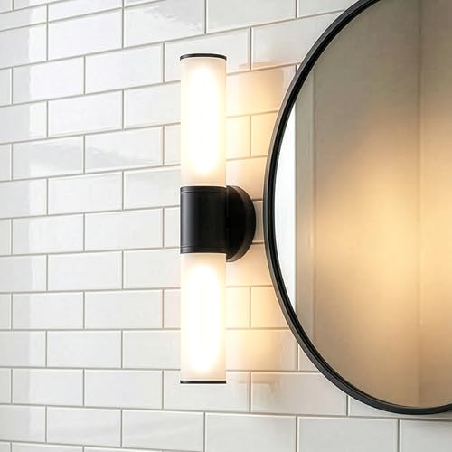 2-Light Bathroom Vanity Lighting Fixture, Black Wall Sconce with Opal White Glass, E26 Stocket Indoor Wall Lamp, Modern Mirror Light - color: White Glass-Black, size: 1 Count (Pack of 1)